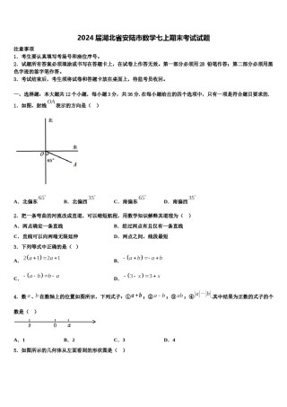 2024届湖北省安陆市数学七上期末考试试题含解析.doc
