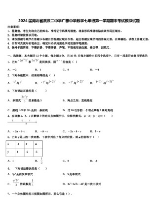 2024届湖北省武汉二中学广雅中学数学七年级第一学期期末考试模拟试题含解析.doc