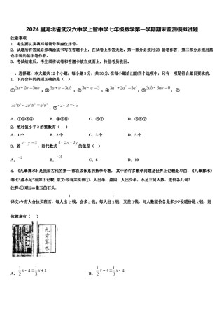 2024届湖北省武汉六中学上智中学七年级数学第一学期期末监测模拟试题含解析.doc