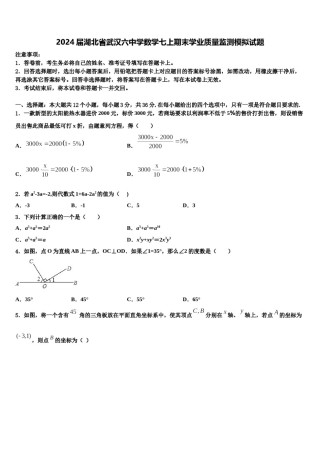 2024届湖北省武汉六中学数学七上期末学业质量监测模拟试题含解析.doc