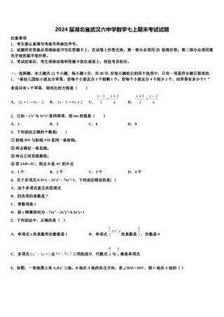 2024届湖北省武汉六中学数学七上期末考试试题含解析.doc