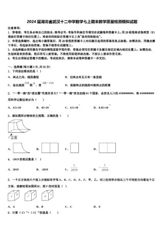 2024届湖北省武汉十二中学数学七上期末教学质量检测模拟试题含解析.doc