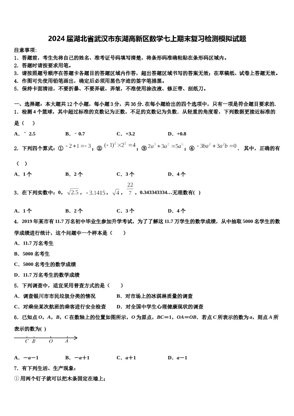 2024届湖北省武汉市东湖高新区数学七上期末复习检测模拟试题含解析.doc_第1页