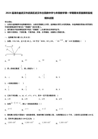 2024届湖北省武汉市武昌区武汉市古田路中学七年级数学第一学期期末质量跟踪监视模拟试题含解析.doc
