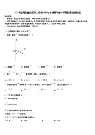 2024届湖北省武汉第二初级中学七年级数学第一学期期末检测试题含解析.doc