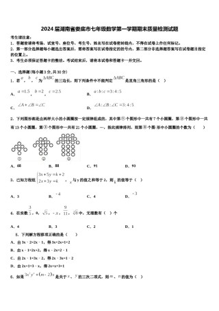 2024届湖南省娄底市七年级数学第一学期期末质量检测试题含解析.doc