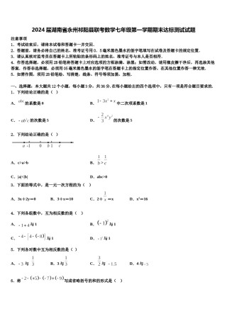 2024届湖南省永州祁阳县联考数学七年级第一学期期末达标测试试题含解析.doc