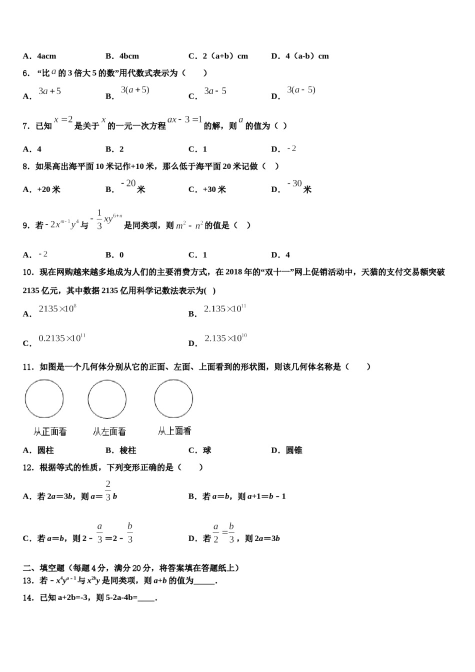 2024届湖南省耒阳市数学七上期末复习检测试题含解析.doc_第2页