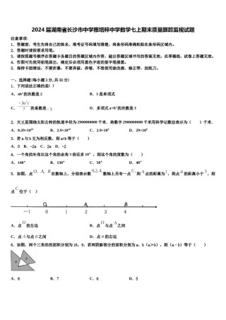 2024届湖南省长沙市中学雅培粹中学数学七上期末质量跟踪监视试题含解析.doc