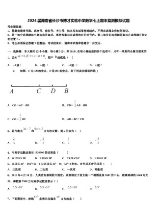 2024届湖南省长沙市博才实验中学数学七上期末监测模拟试题含解析.doc