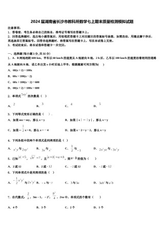 2024届湖南省长沙市教科所数学七上期末质量检测模拟试题含解析.doc