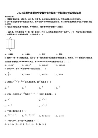 2024届湖州市重点中学数学七年级第一学期期末考试模拟试题含解析.doc