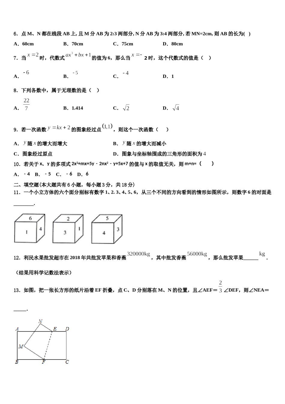 2024届甘肃省武威市凉州区七年级数学第一学期期末学业质量监测试题含解析.doc_第2页