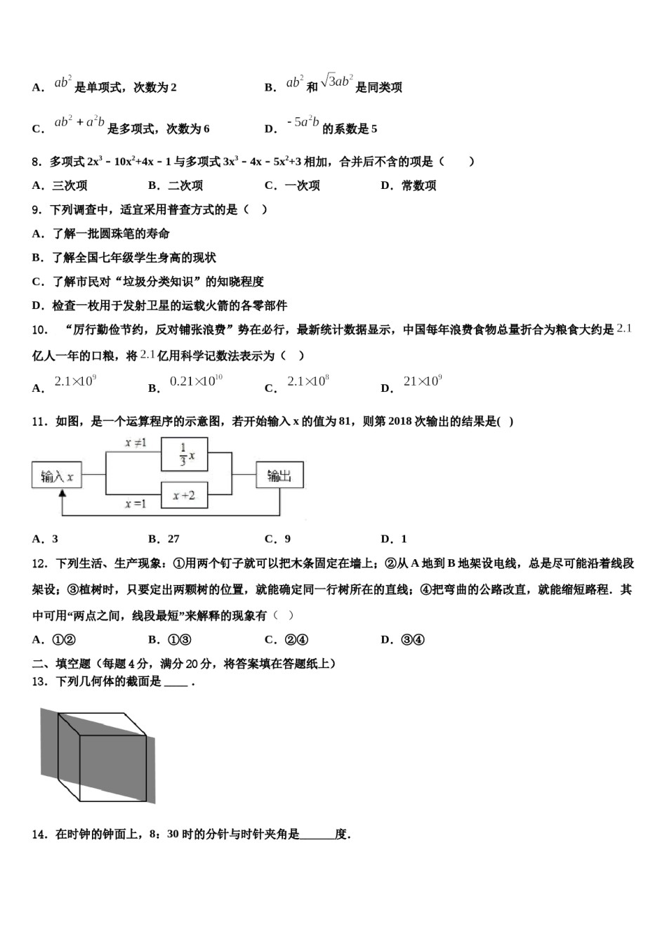 2024届甘肃省武威第五中学七年级数学第一学期期末监测试题含解析.doc_第2页