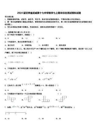 2024届甘肃省武威第十七中学数学七上期末综合测试模拟试题含解析.doc