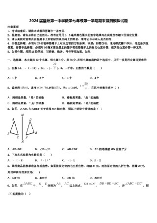 2024届福州第一中学数学七年级第一学期期末监测模拟试题含解析.doc