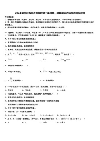 2024届舟山市重点中学数学七年级第一学期期末达标检测模拟试题含解析.doc
