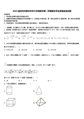 2024届苏州市振华中学七年级数学第一学期期末学业质量监测试题含解析.doc