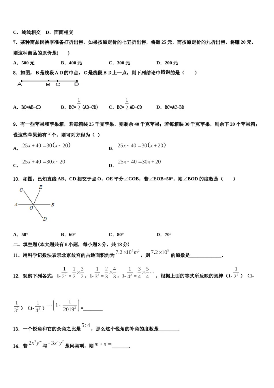 2024届西藏拉萨北京实验中学七年级数学第一学期期末教学质量检测试题含解析.doc_第2页
