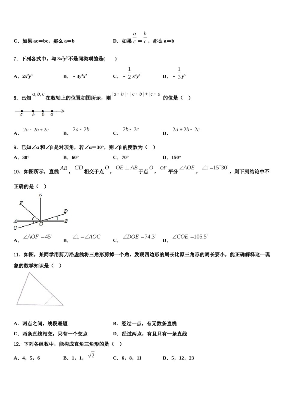 2024届辽宁省抚顺市数学七年级第一学期期末考试试题含解析.doc_第2页