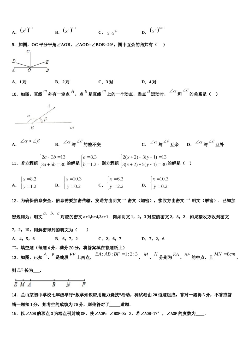 2024届辽宁省沈阳市第九十五中学数学七上期末质量跟踪监视试题含解析.doc_第3页