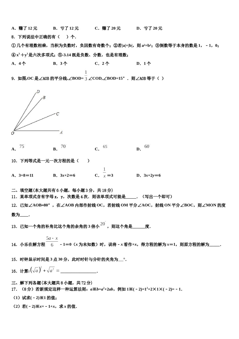 2024届陕西省咸阳市乾县七年级数学第一学期期末综合测试试题含解析.doc_第2页
