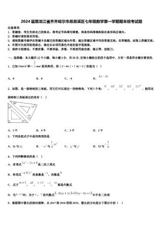 2024届黑龙江省齐齐哈尔市昂昂溪区七年级数学第一学期期末统考试题含解析.doc