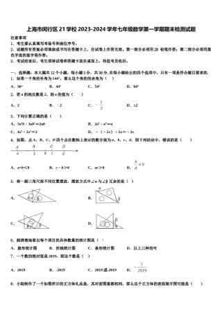 上海市闵行区21学校2023-2024学年七年级数学第一学期期末检测试题含解析.doc