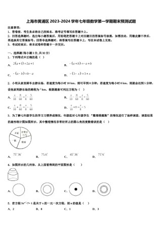 上海市黄浦区2023-2024学年七年级数学第一学期期末预测试题含解析.doc