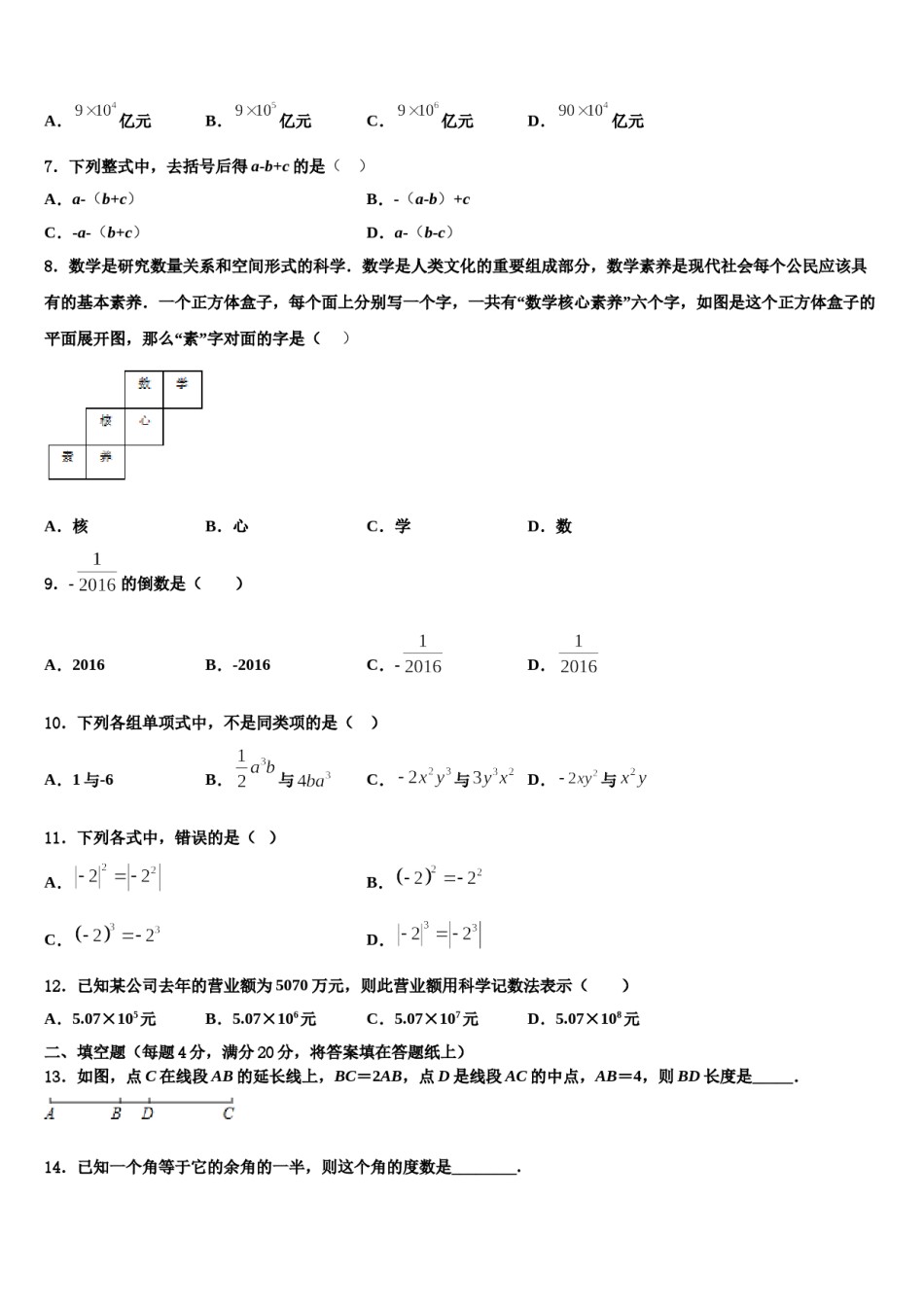 云南省文山县2023-2024学年数学七年级第一学期期末学业水平测试模拟试题含解析.doc_第2页