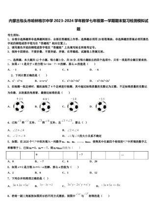 内蒙古包头市哈林格尔中学2023-2024学年数学七年级第一学期期末复习检测模拟试题含解析.doc