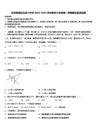 北京西城区北京八中学2023-2024学年数学七年级第一学期期末监测试题含解析.doc