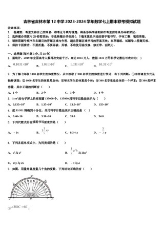吉林省吉林市第12中学2023-2024学年数学七上期末联考模拟试题含解析.doc