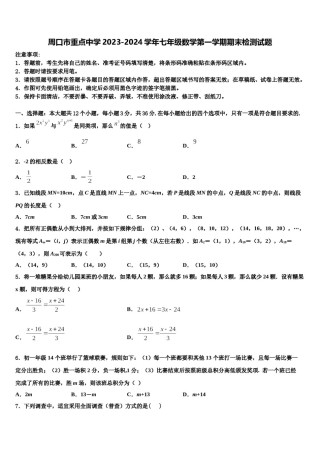 周口市重点中学2023-2024学年七年级数学第一学期期末检测试题含解析.doc