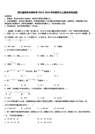 四川省南充市阆中学2023-2024学年数学七上期末统考试题含解析.doc