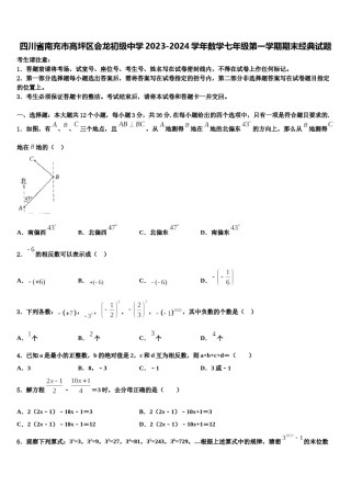 四川省南充市高坪区会龙初级中学2023-2024学年数学七年级第一学期期末经典试题含解析.doc