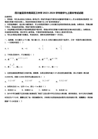 四川省宜宾市南溪区三中学2023-2024学年数学七上期末考试试题含解析.doc