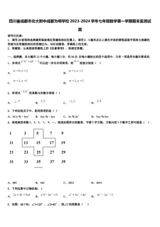 四川省成都市北大附中成都为明学校2023-2024学年七年级数学第一学期期末监测试题含解析.doc