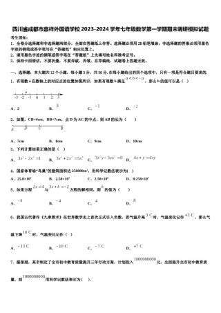 四川省成都市嘉祥外国语学校2023-2024学年七年级数学第一学期期末调研模拟试题含解析.doc