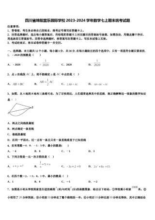 四川省绵阳富乐园际学校2023-2024学年数学七上期末统考试题含解析.doc