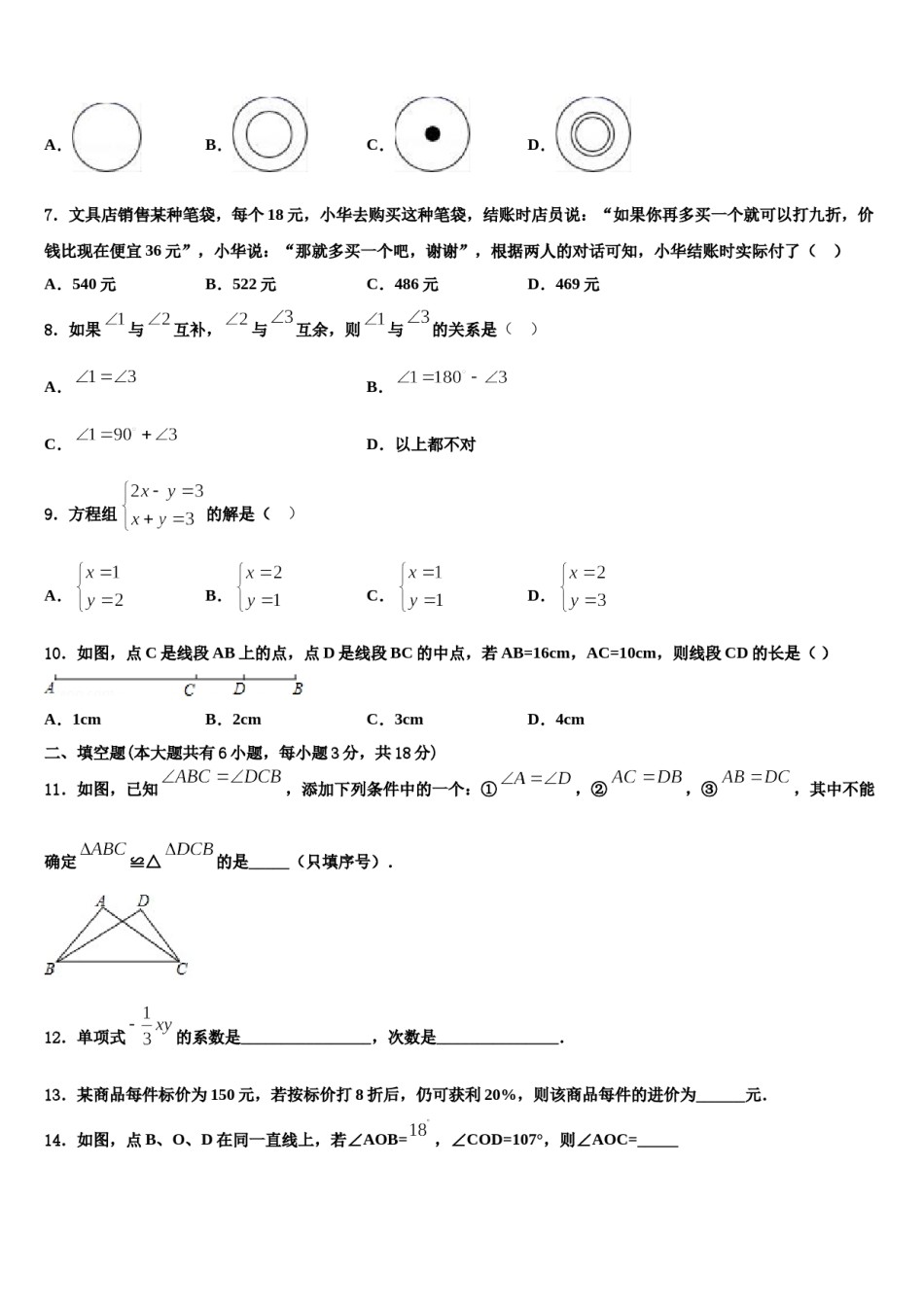 四川阆中学2023年七年级数学第一学期期末联考模拟试题含解析.doc_第2页