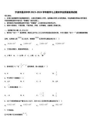 宁波市重点中学2023-2024学年数学七上期末学业质量监测试题含解析.doc
