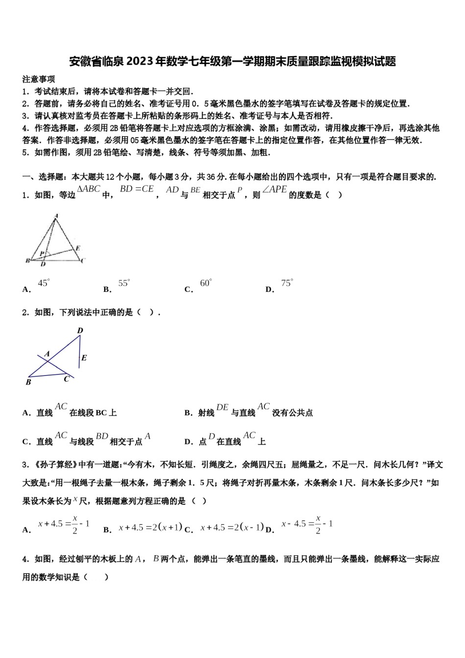 安徽省临泉2023年数学七年级第一学期期末质量跟踪监视模拟试题含解析.doc_第1页