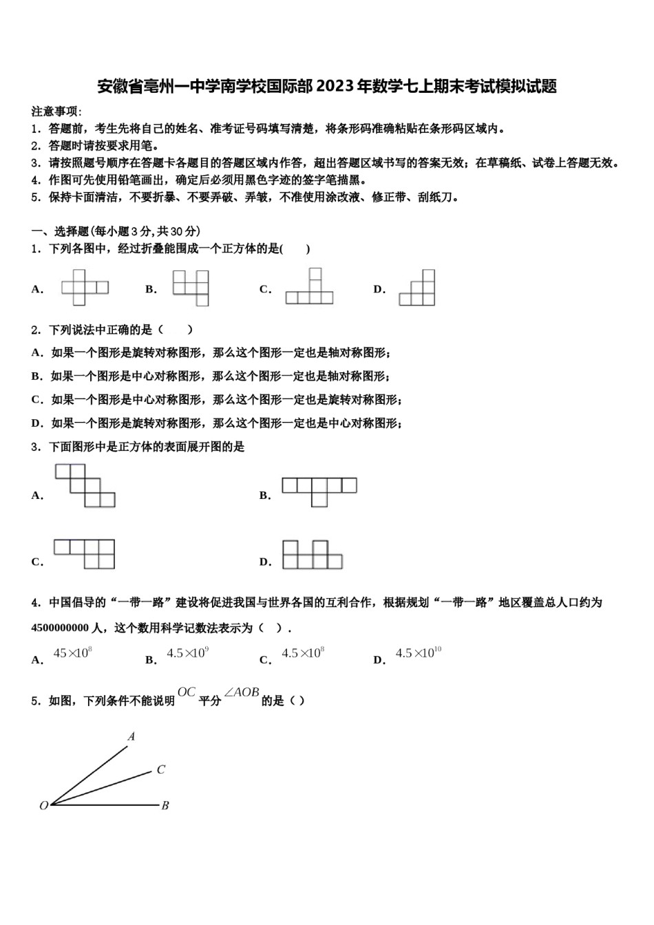 安徽省亳州一中学南学校国际部2023年数学七上期末考试模拟试题含解析.doc_第1页
