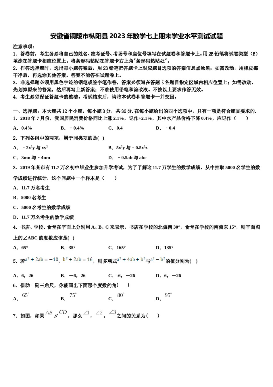 安徽省铜陵市枞阳县2023年数学七上期末学业水平测试试题含解析.doc_第1页