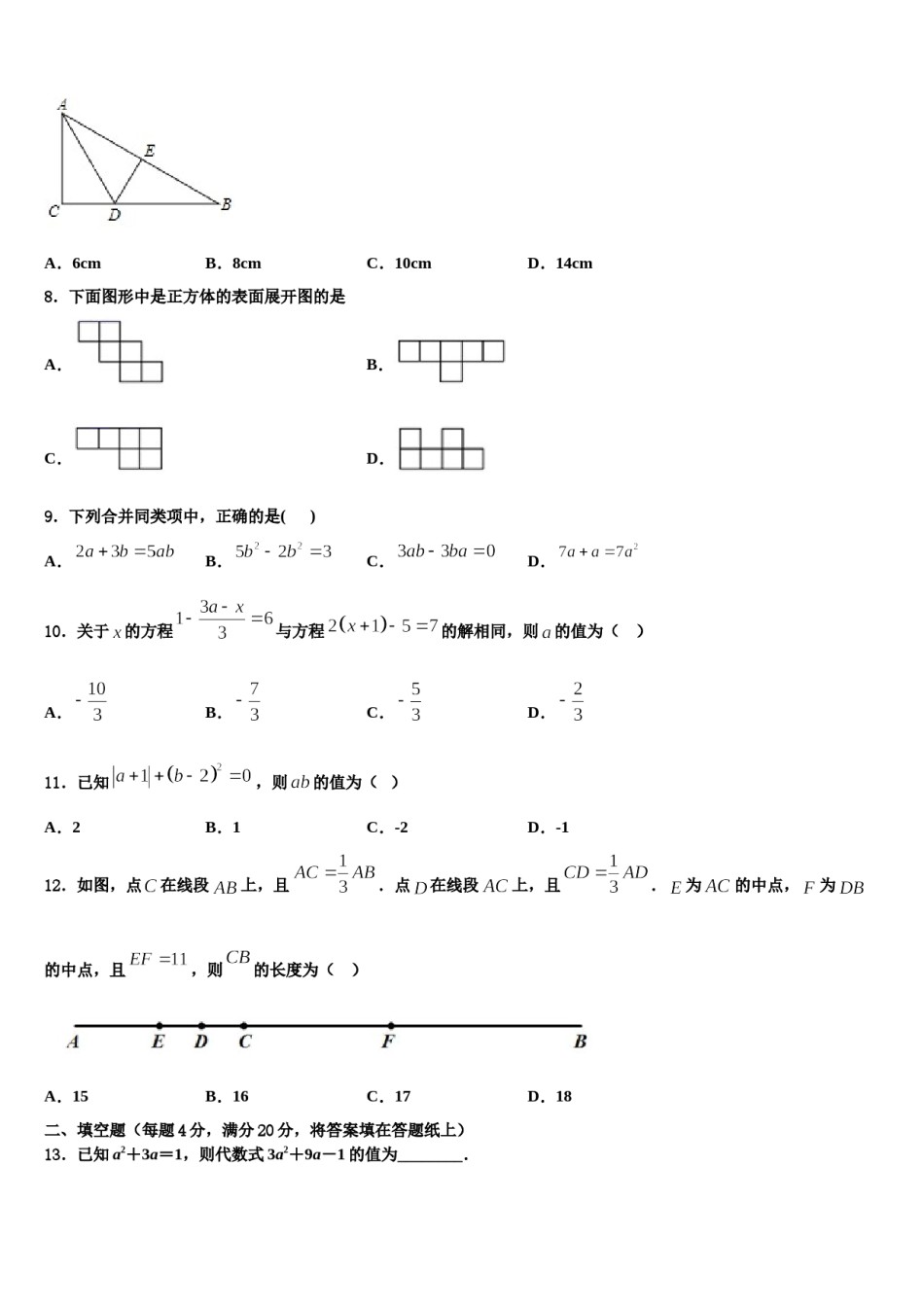 山东省乐陵市实验中学2023-2024学年数学七年级第一学期期末达标检测模拟试题含解析.doc_第2页