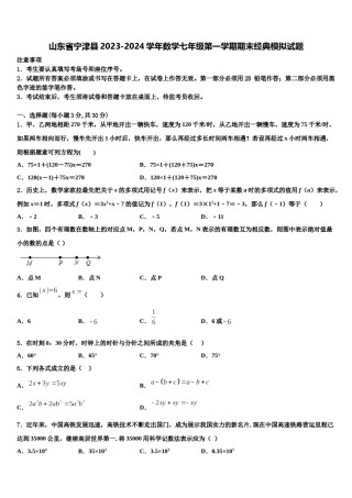 山东省宁津县2023-2024学年数学七年级第一学期期末经典模拟试题含解析.doc