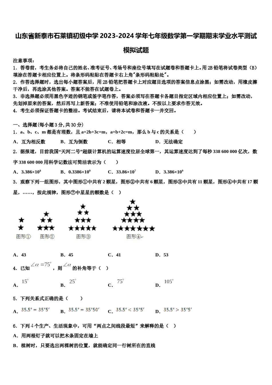山东省新泰市石莱镇初级中学2023-2024学年七年级数学第一学期期末学业水平测试模拟试题含解析.doc_第1页