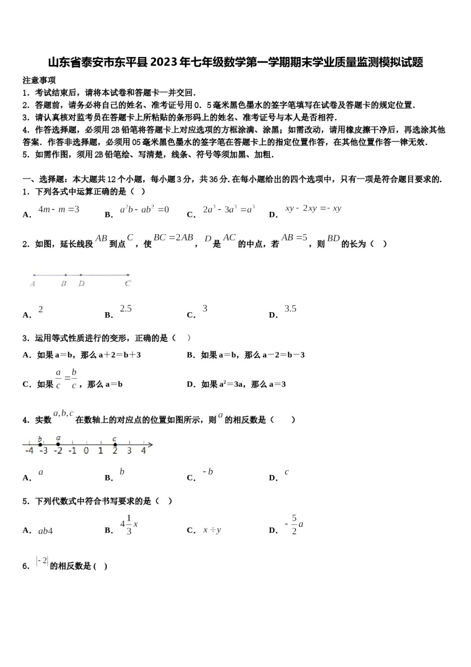 山东省泰安市东平县2023年七年级数学第一学期期末学业质量监测模拟试题含解析.doc_第1页