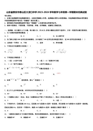 山东省泰安市泰山区大津口中学2023-2024学年数学七年级第一学期期末经典试题含解析.doc